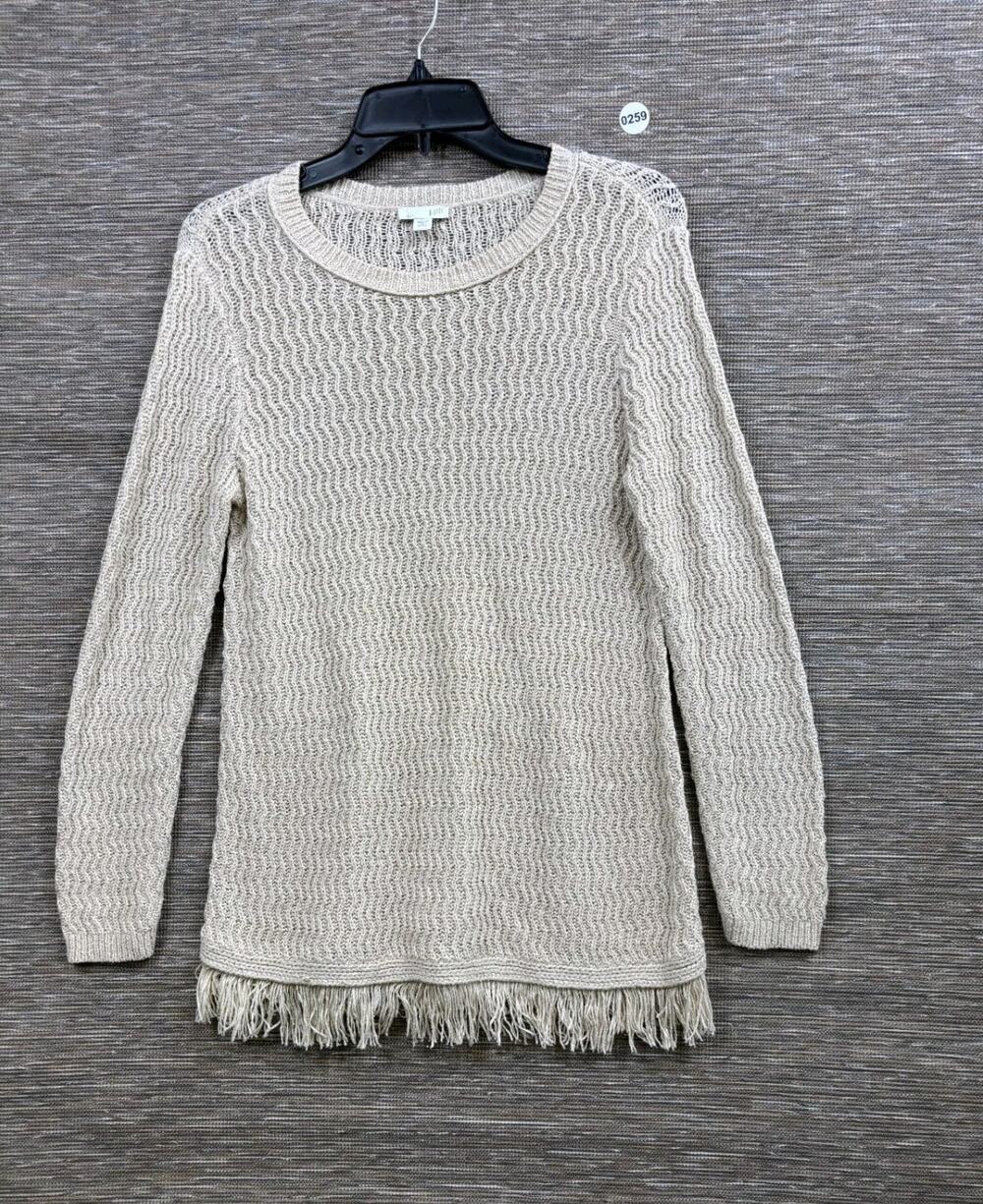 J. Jill Petite Fringe Bottom Tunic Sweater Womens Size SP Beige Long Sleeve